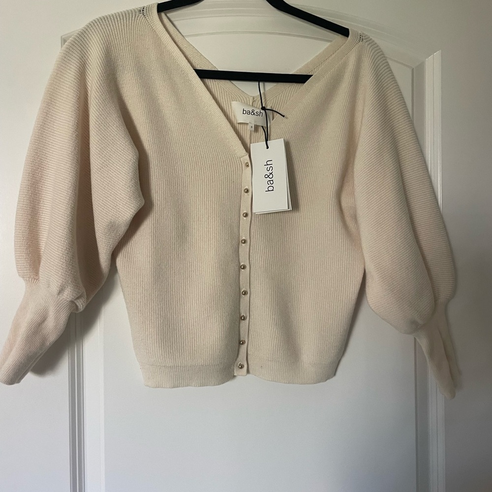 ba&sh Cream Pearl-Button V-Neck Knit Cardigan